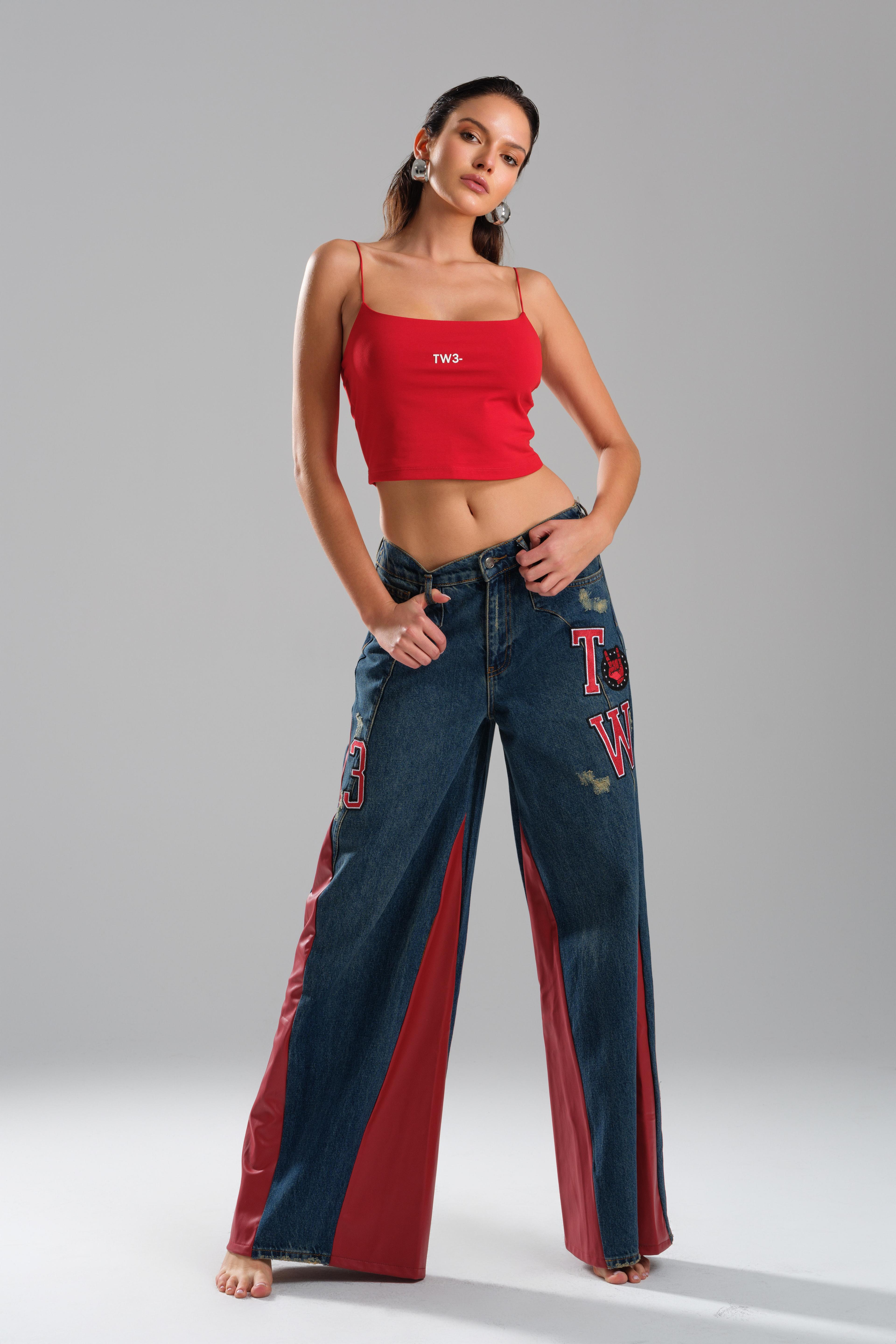 Leather Detailed Wide Leg Jean