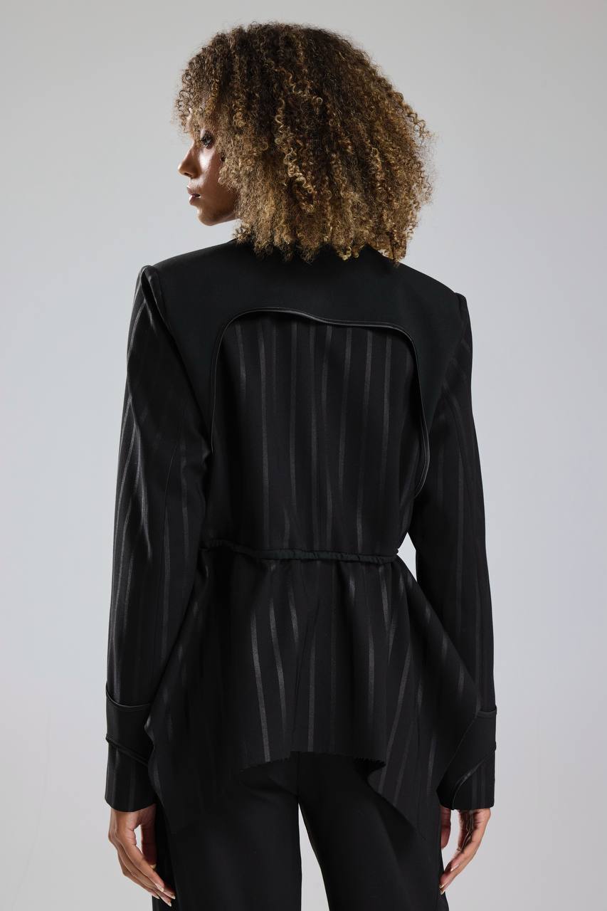 Kadın Çizgili Varak Baskı ve Saten Detaylı Tasarım Blazer Ceket