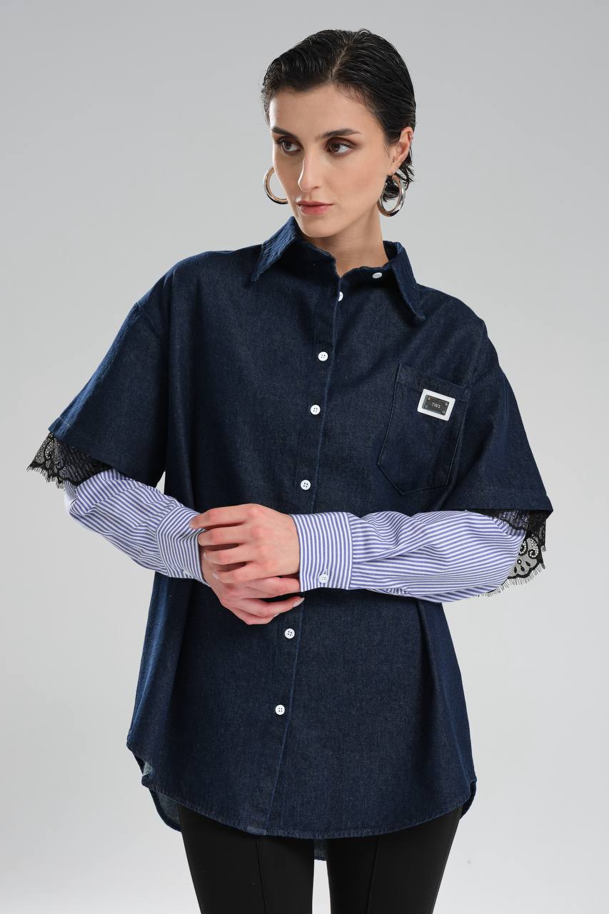Kadın Denim Kolları Dantel ve Poplin Kumaş Detaylı Tasarım Gömlek