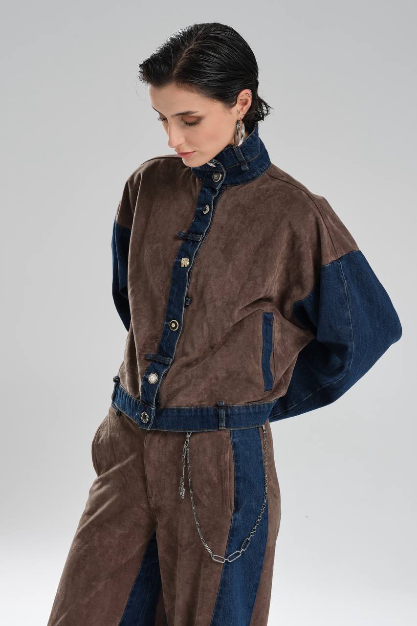 Kadın Süet Kumaş Garnili Düğme Detaylı Tasarım Ceket