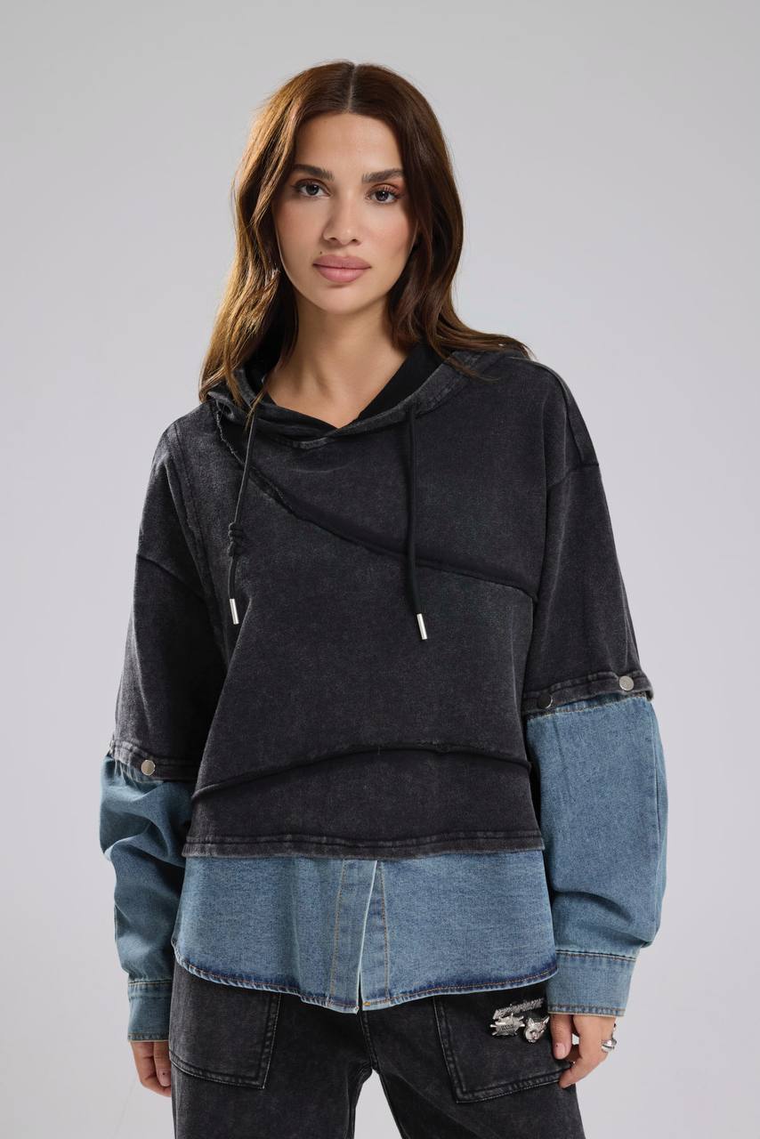 Kadın Denim Garnili Kolları Ayrılabilen Yıkamalı Tasarım Sweatshirt