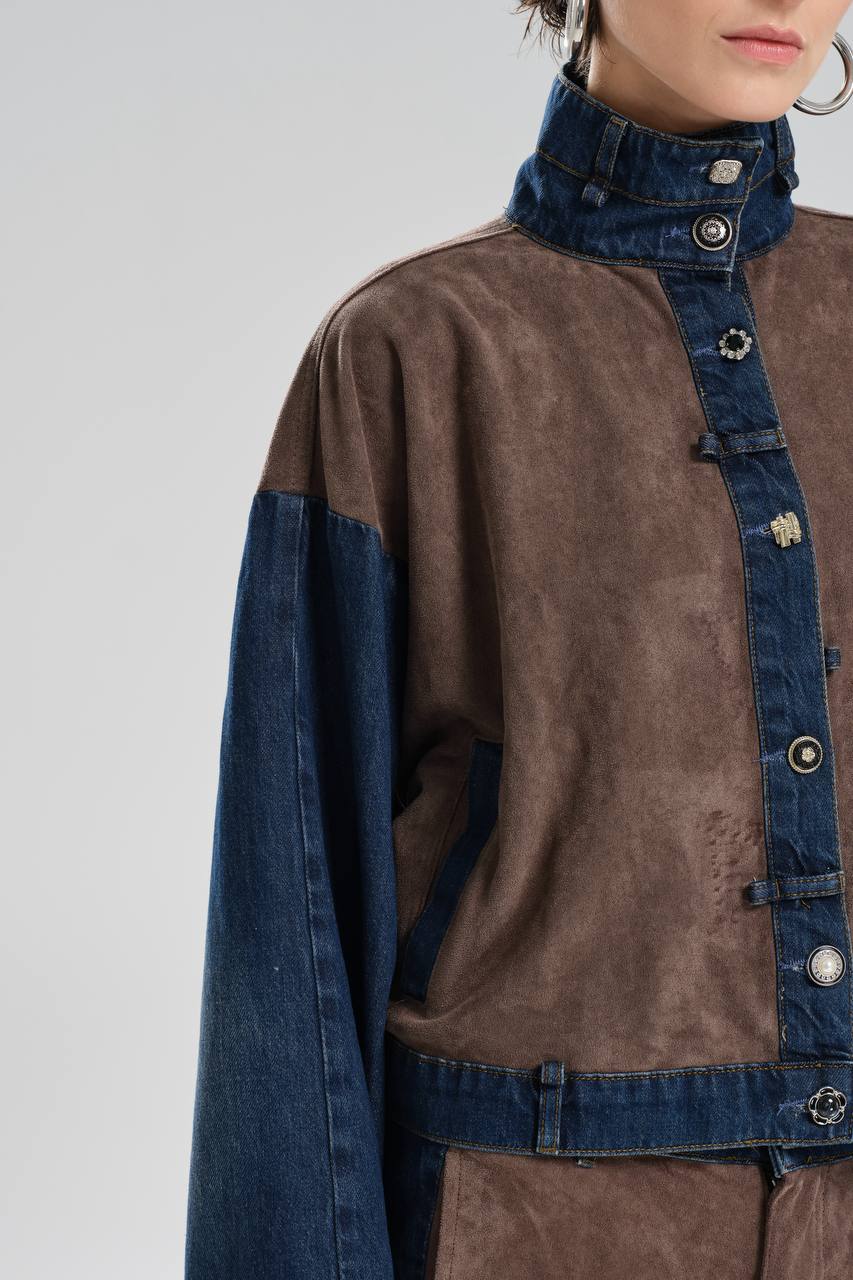 Kadın Süet Kumaş Garnili Düğme Detaylı Tasarım Ceket