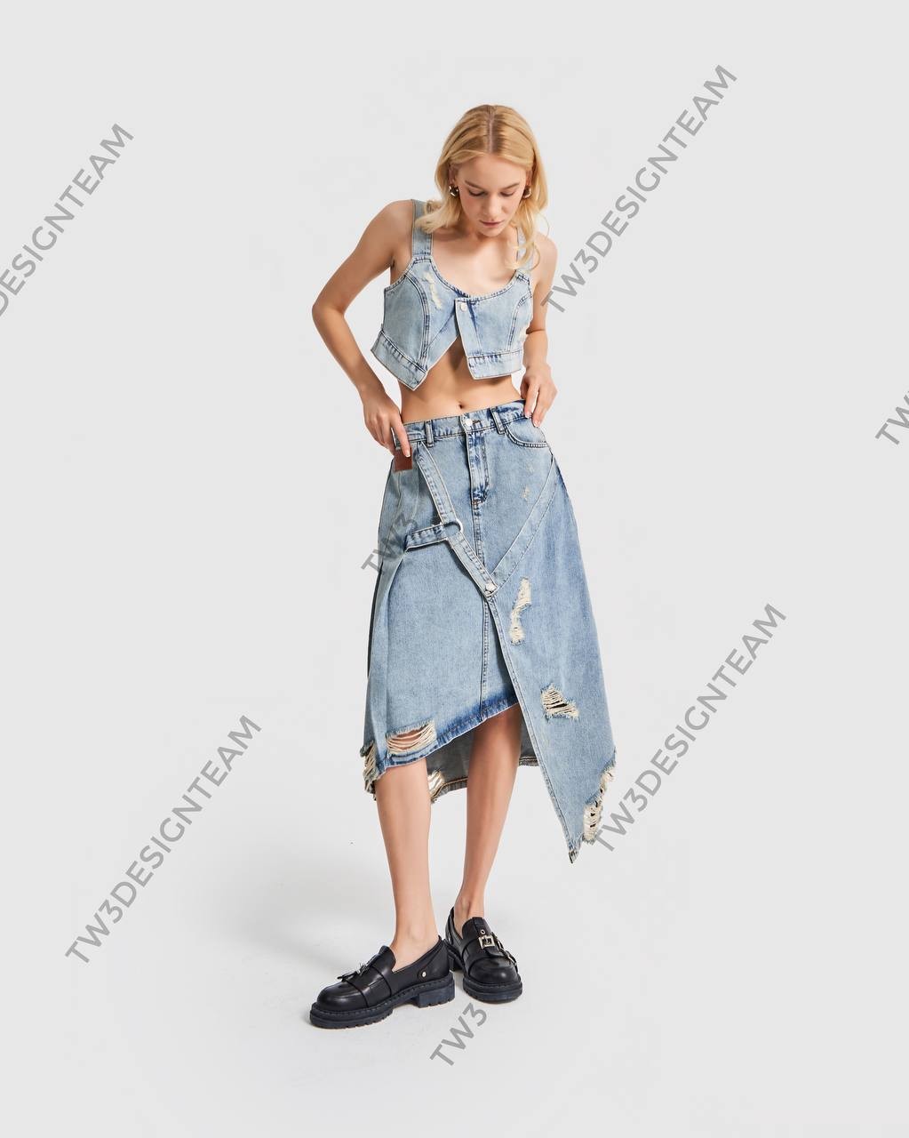 Kadın Denim Kumaş Askılı Crop Tasarım Bluz