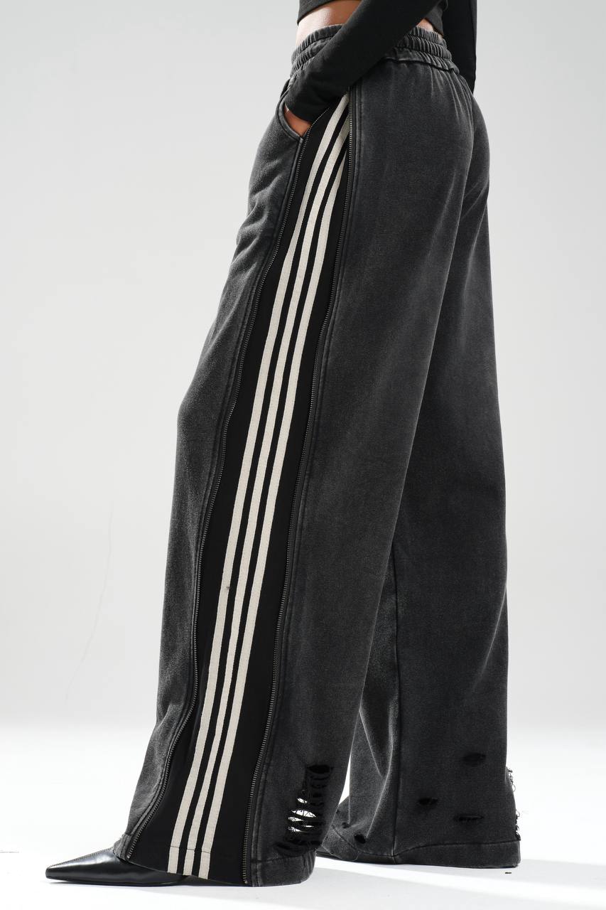 Kadın Yıkamalı Yanları Fermuar ve Şerit Detaylı Tasarım Pantolon