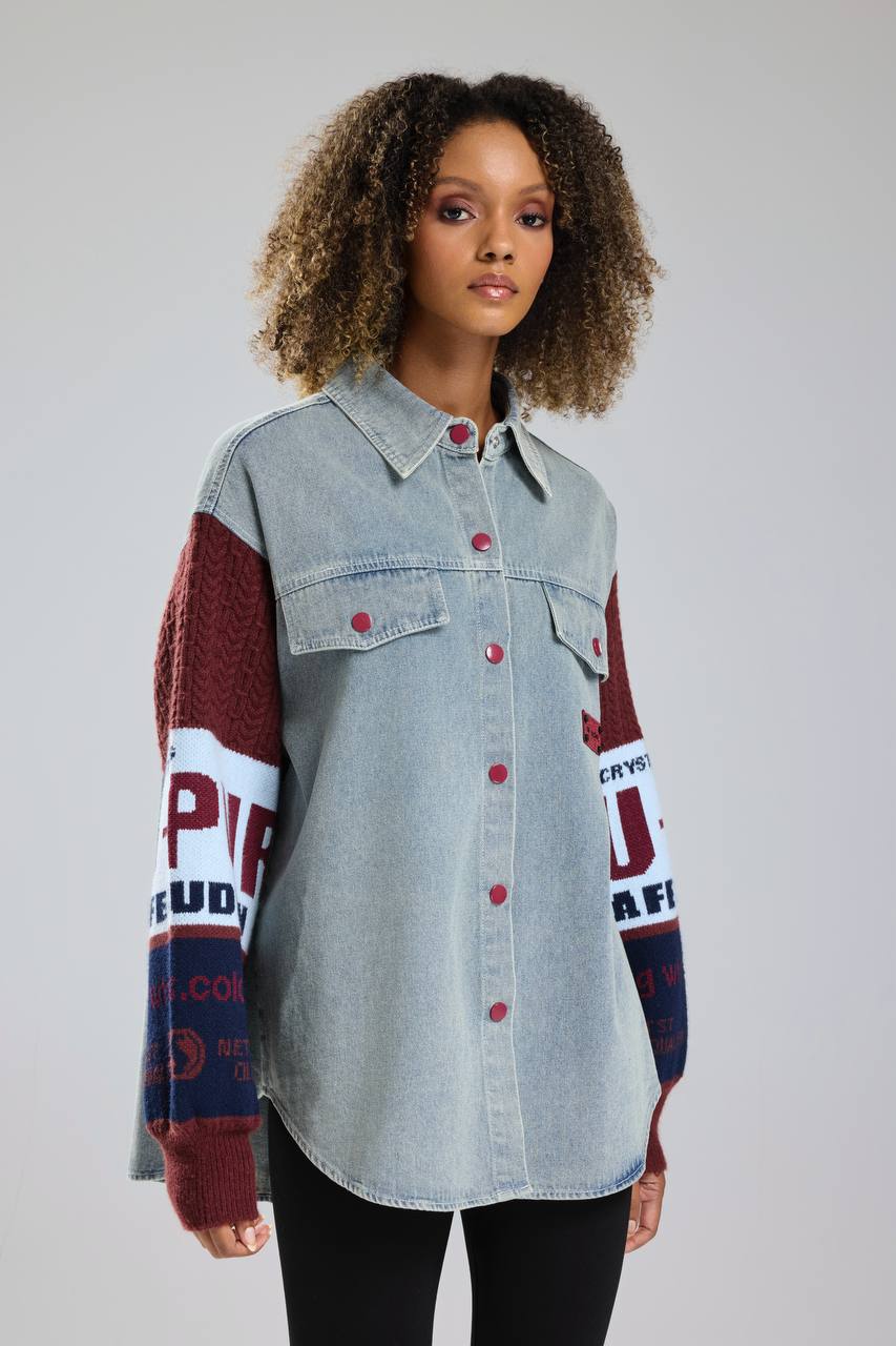 Kadın Kolları Triko Örgü Detaylı Denim Tasarım Gömlek Ceket