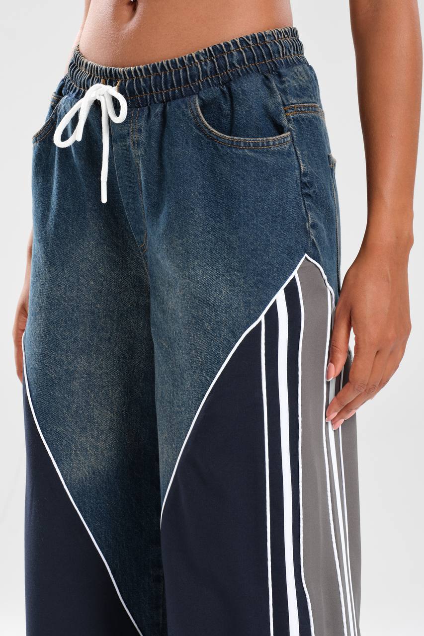 Kadın Denim Garnili Şerit Detaylı Tasarım Pantolon