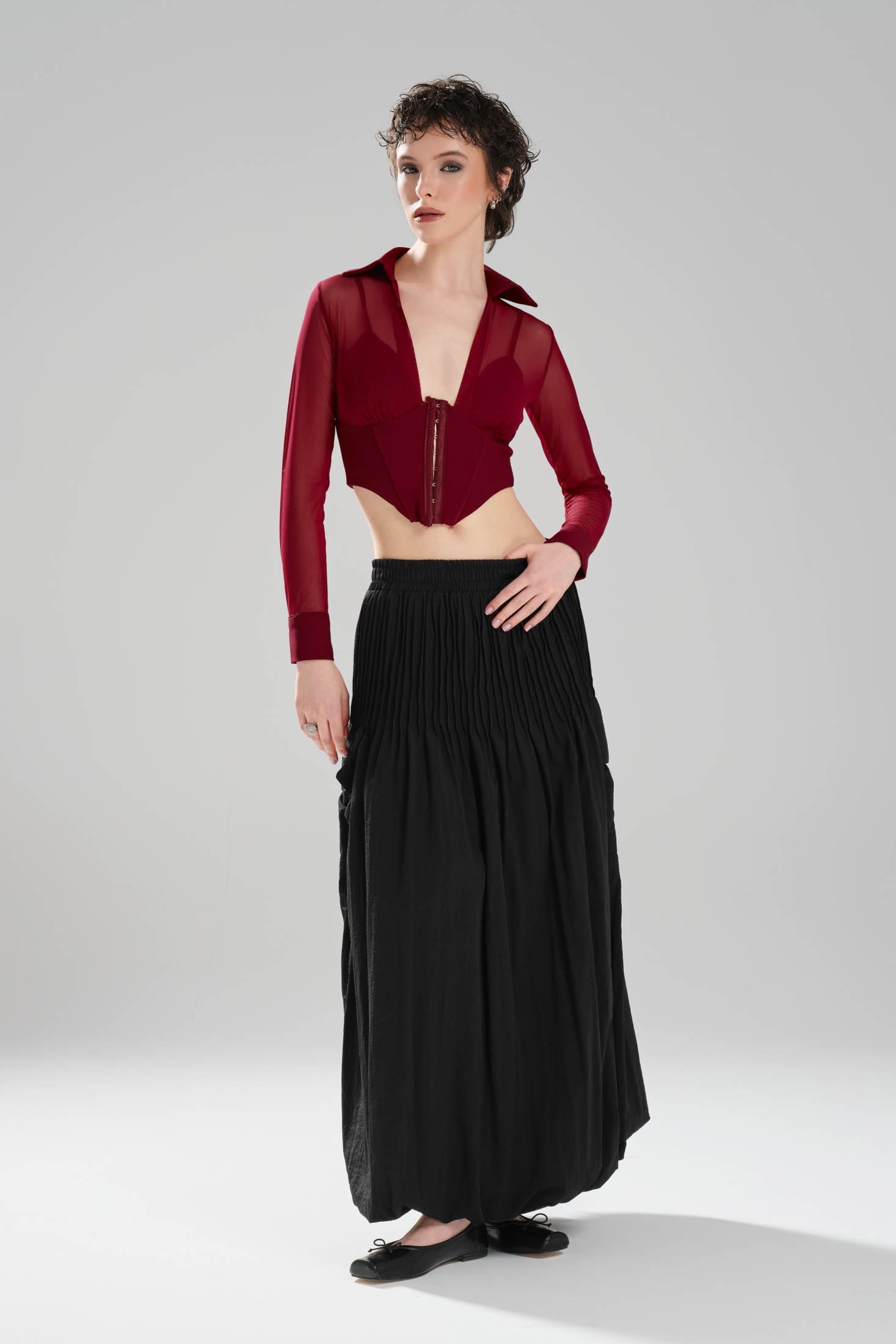Kadın Bel Kısmı Korse Detaylı Tül Tasarım Crop Bluz