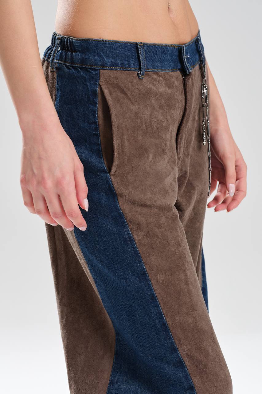 Kadın Süet Kumaş Garnili Zincir Detaylı Tasarım Pantolon