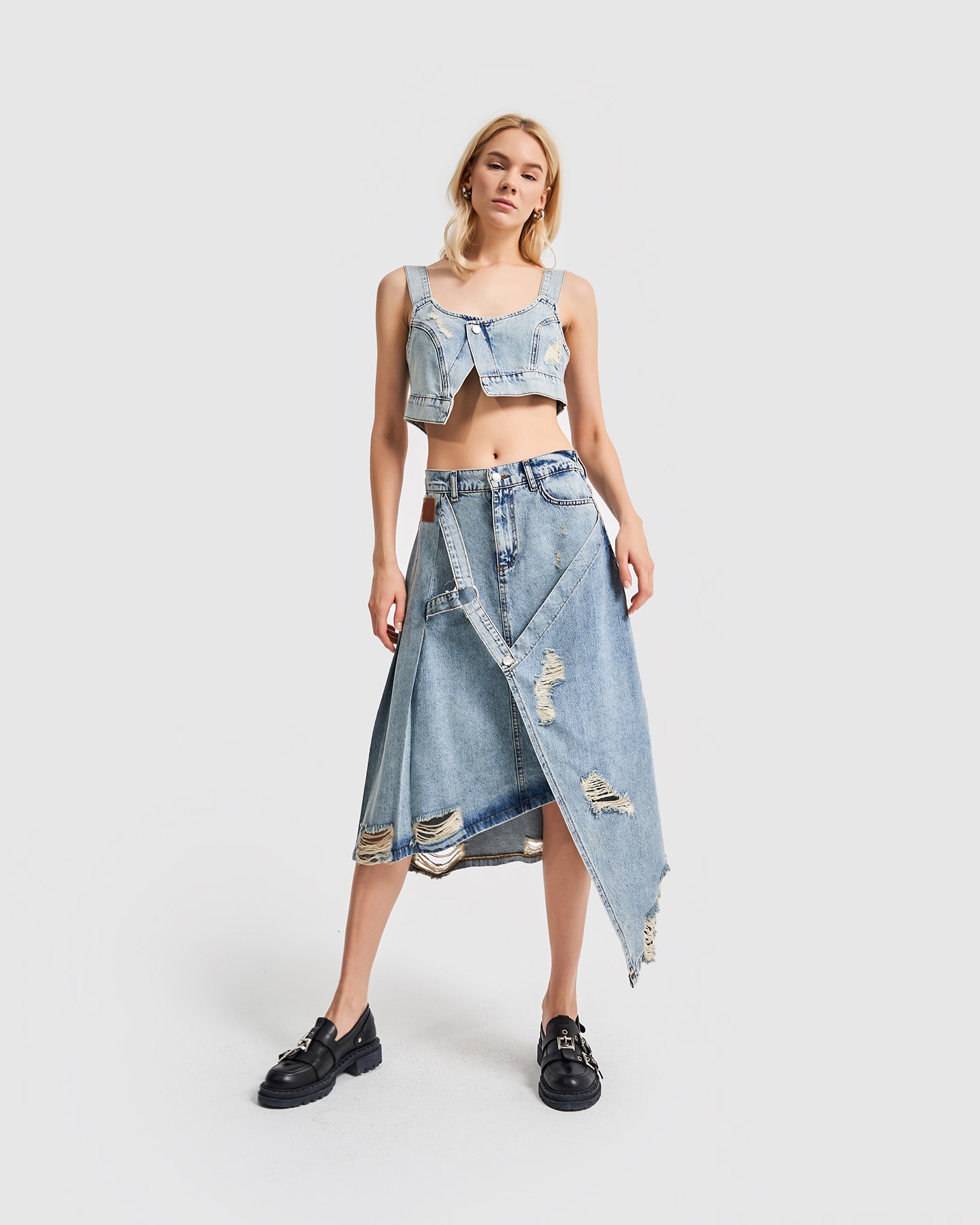 Relaxed Cut Denim Skirt with Stripe and Ripped Detail