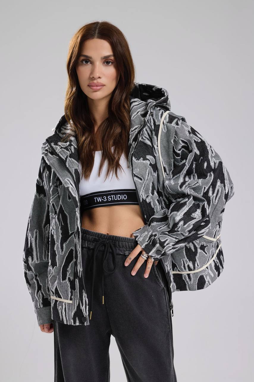 Kadın Desenli Denim Kumaş Kapüşonlu Tasarım Oversize Ceket