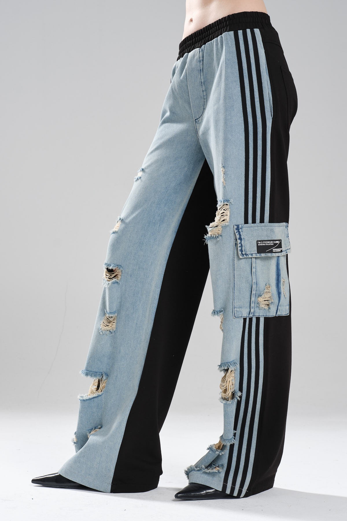 Kadın Arkası Örme Önü Denim Şerit Detaylı Tasarım Palazzo Fit Pantolon