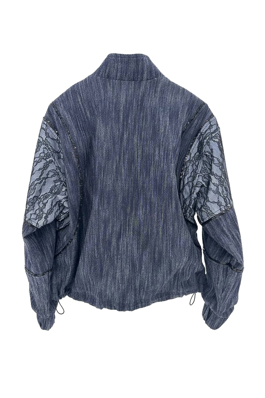 Kadın Denim Kumaş Görünümlü Dantel Detaylı Tasarım Ceket 