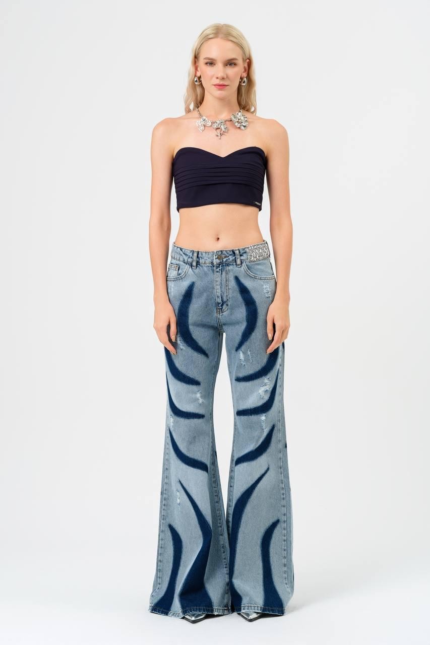 Block Patterned Flare Jeans