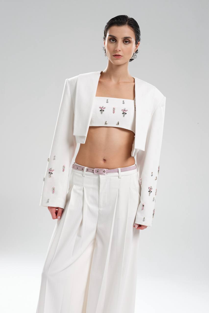 Kadın Kolları Elişleme Detaylı Tasarım Crop Blazer Ceket