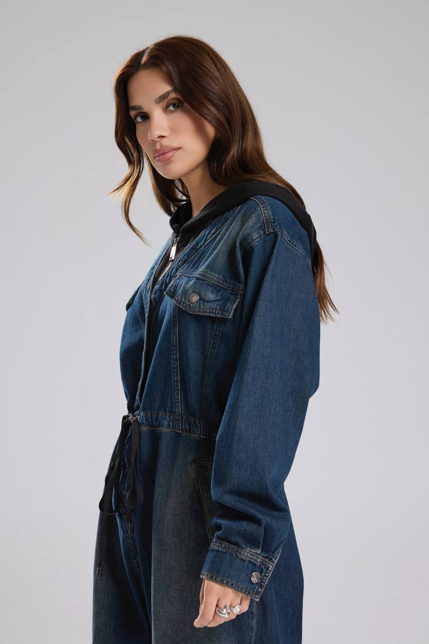 Kadın Denim Kumaş Ve Örme Kumaş Garnili Tulum