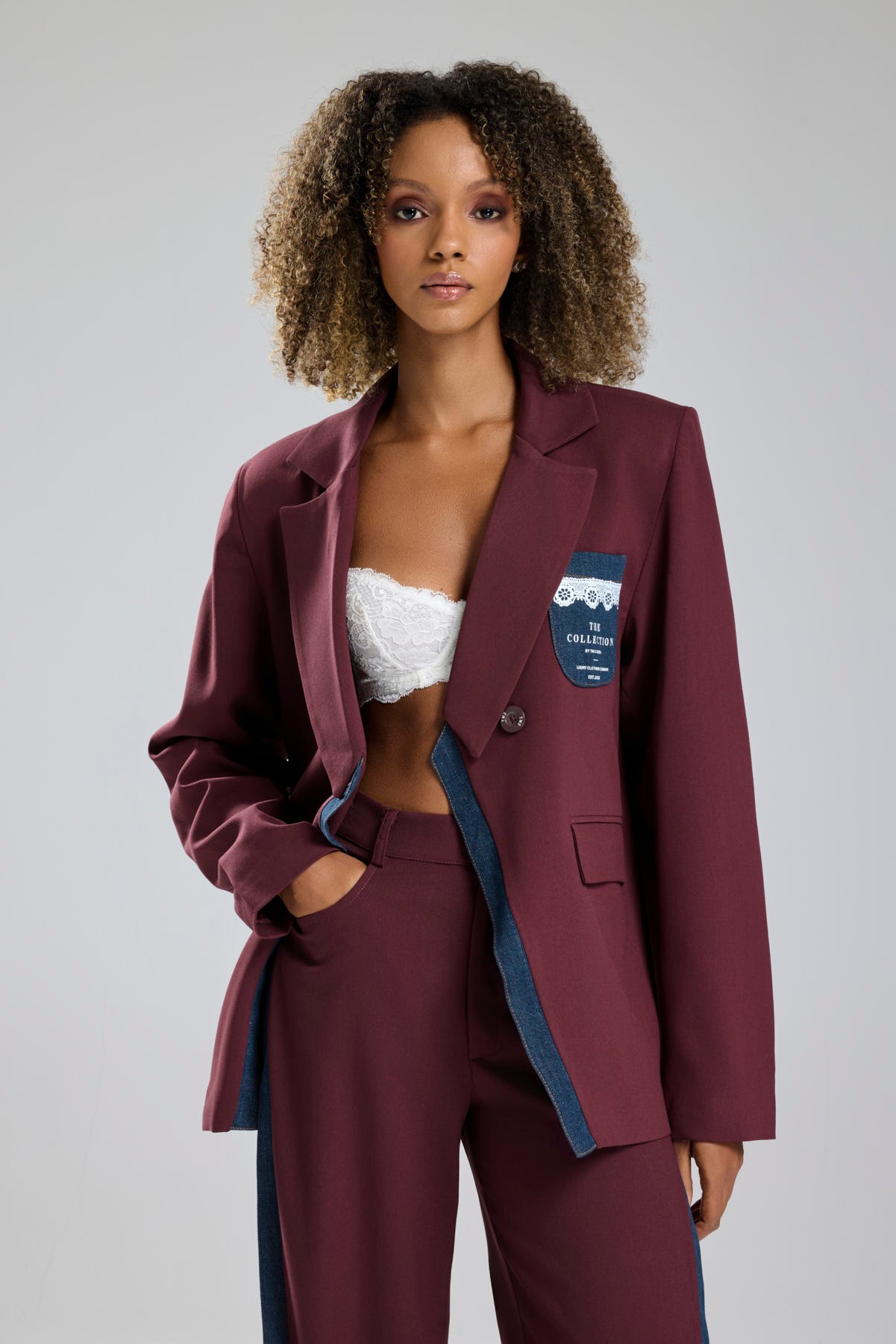 Kadın Denim Garnili Dantel Baskı Detaylı Blazer Ceket