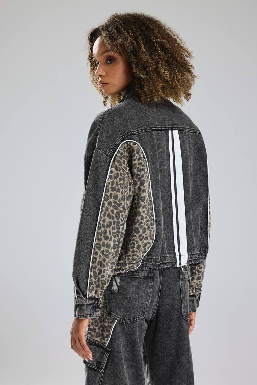 Kadın Leopar Baskılı Ara Biyeli Detaylı Tasarım Denim Ceket