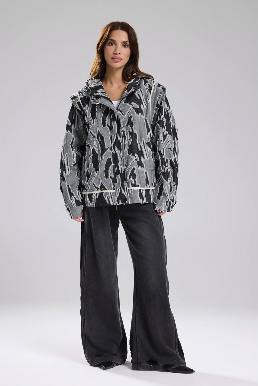 Kadın Desenli Denim Kumaş Kapüşonlu Tasarım Oversize Ceket