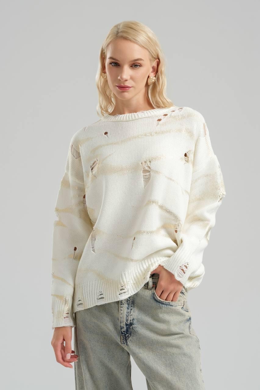 Gold Printed Knitwear Sweater with Ripped Detail