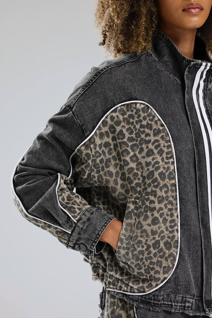 Kadın Leopar Baskılı Ara Biyeli Detaylı Tasarım Denim Ceket