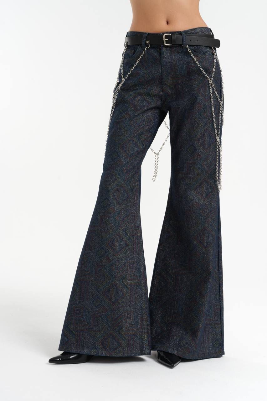 Glittery Printed Flared Jeans with Removable Belt