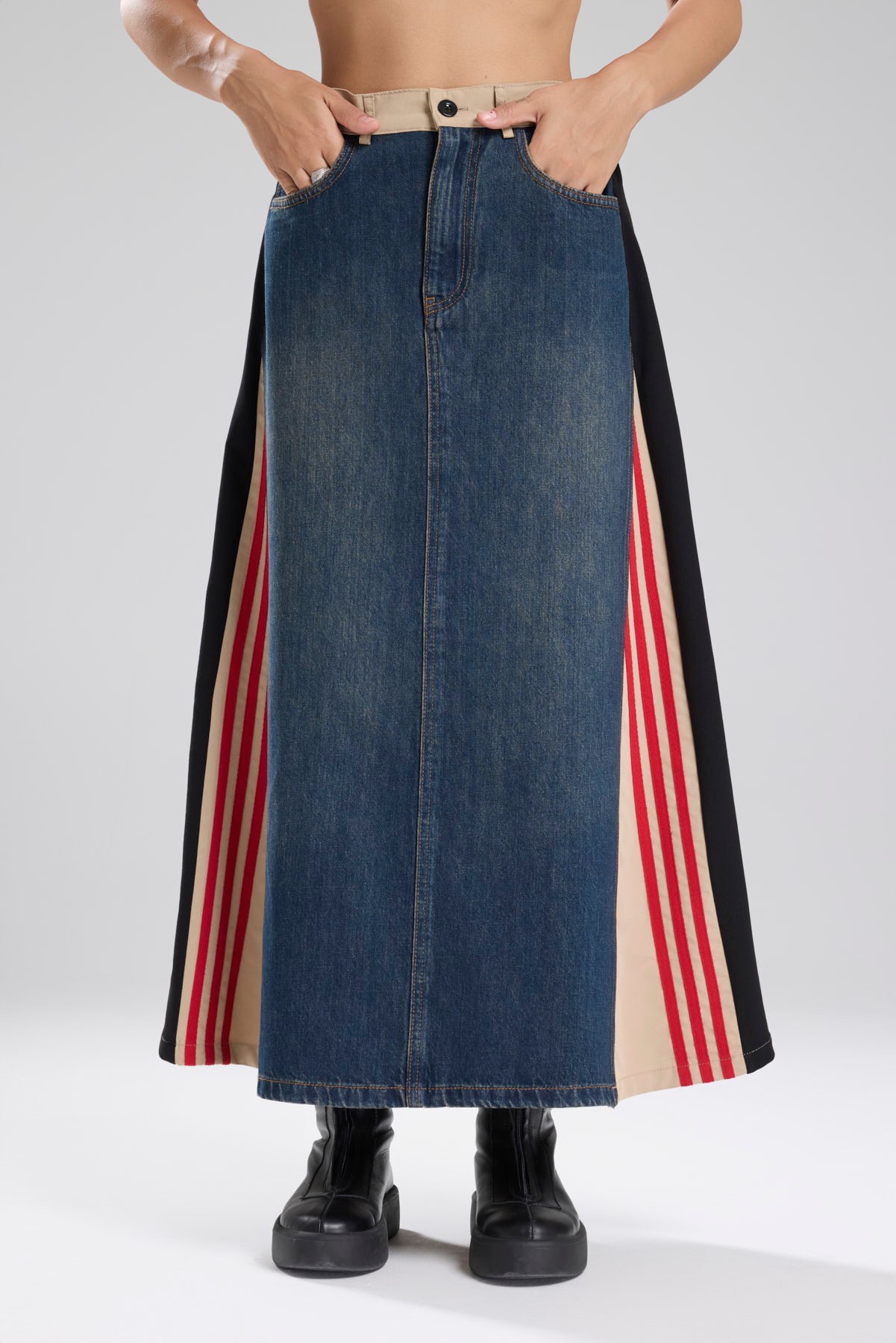 Kadın Şerit Detaylı Denim Garnili Tasarım Uzun Etek 