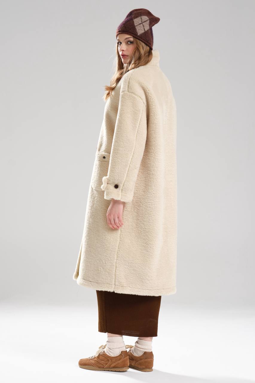 Kadın Peluş Kumaş İçi Süet Kemik Düğme Detaylı Tasarım Uzun Mont Kaban