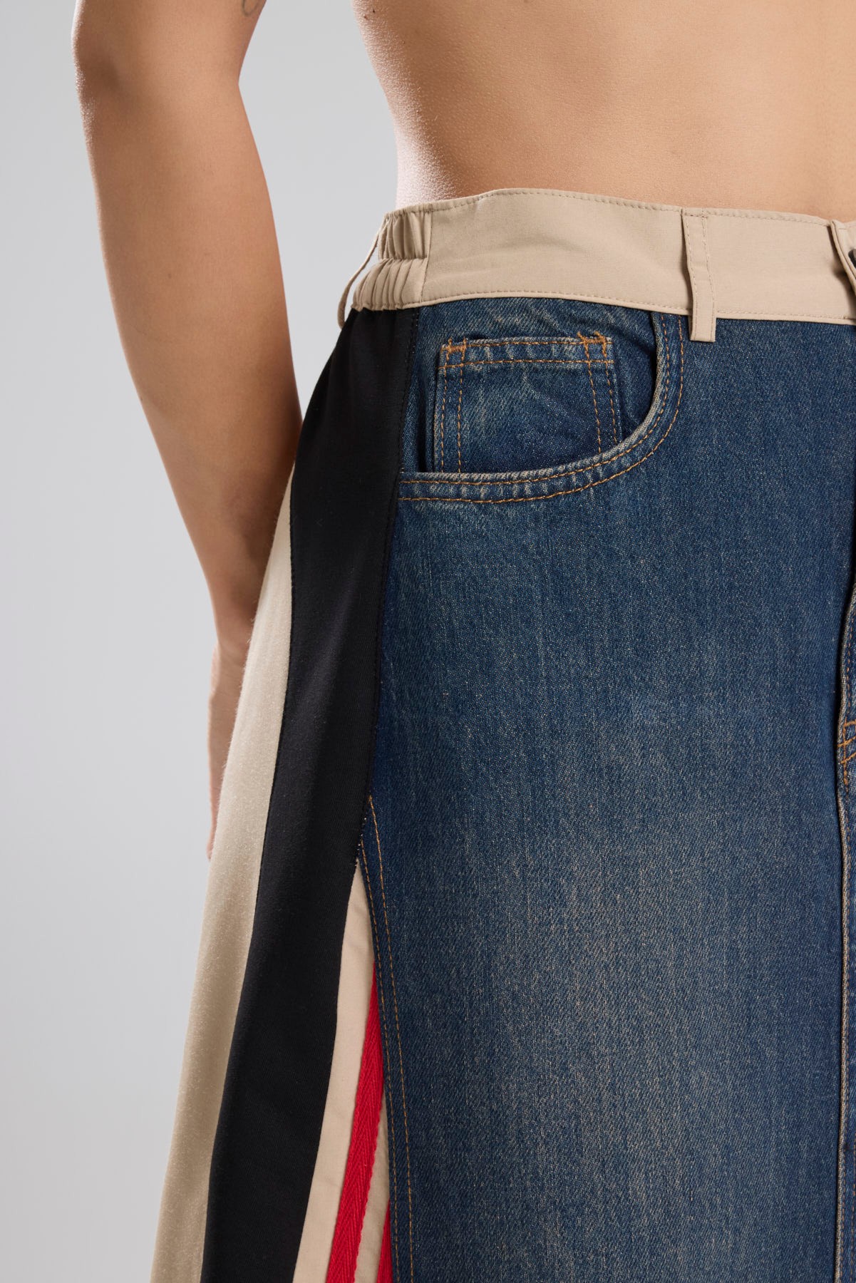 Kadın Şerit Detaylı Denim Garnili Tasarım Uzun Etek 