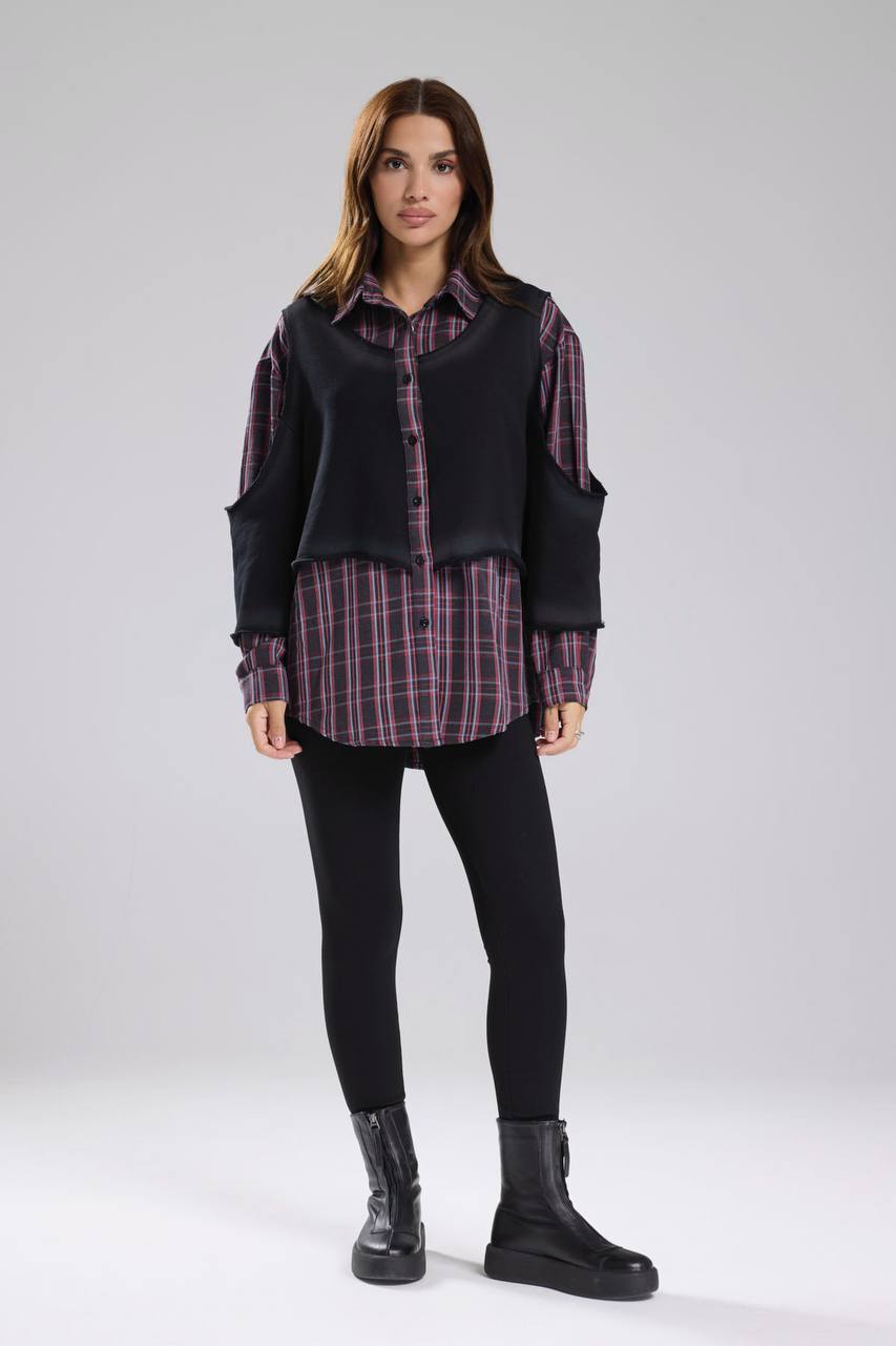 Kadın Ekose ve Örme Kumaş Garnili Tasarım Gömlek