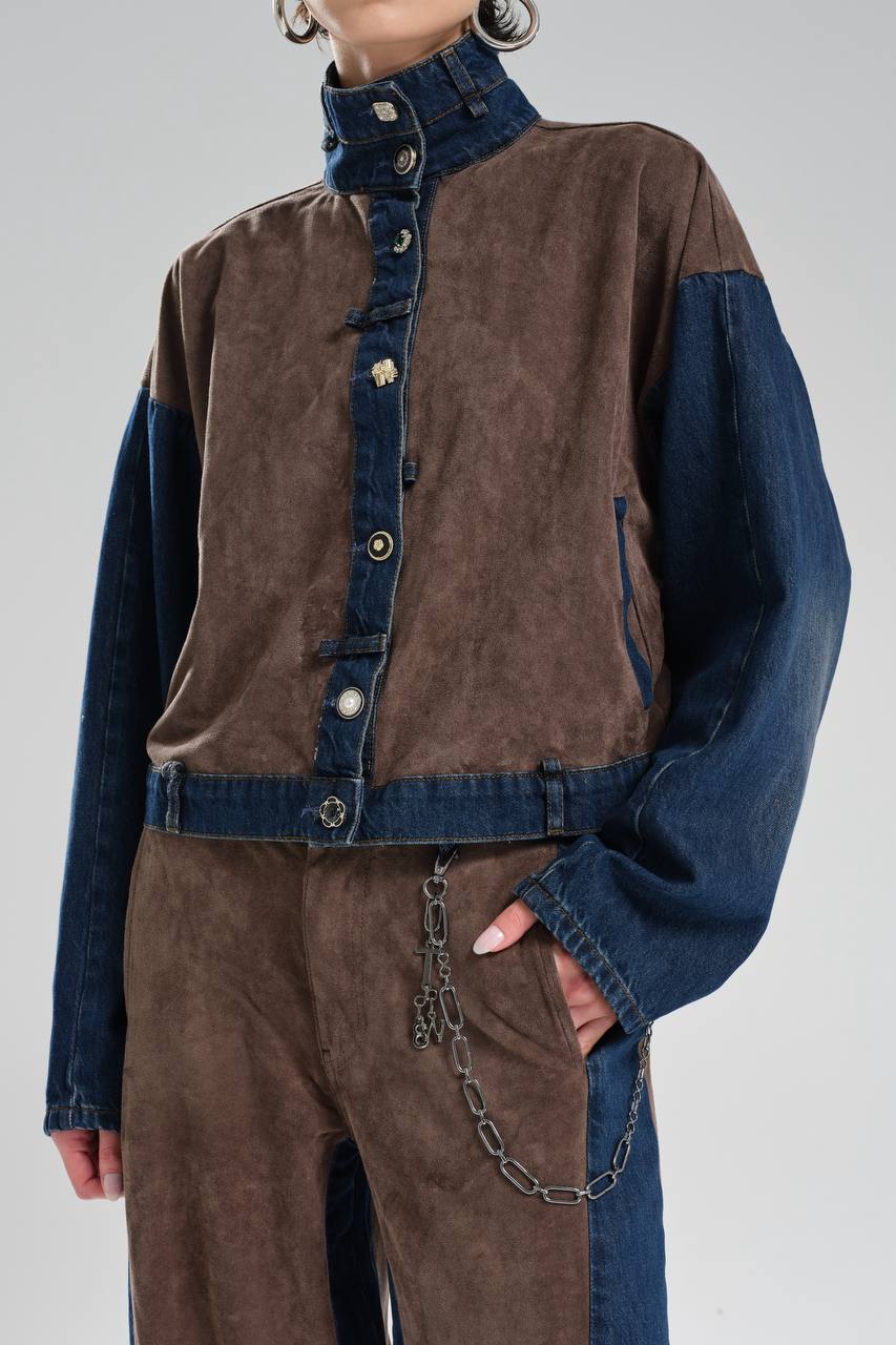 Kadın Süet Kumaş Garnili Düğme Detaylı Tasarım Ceket