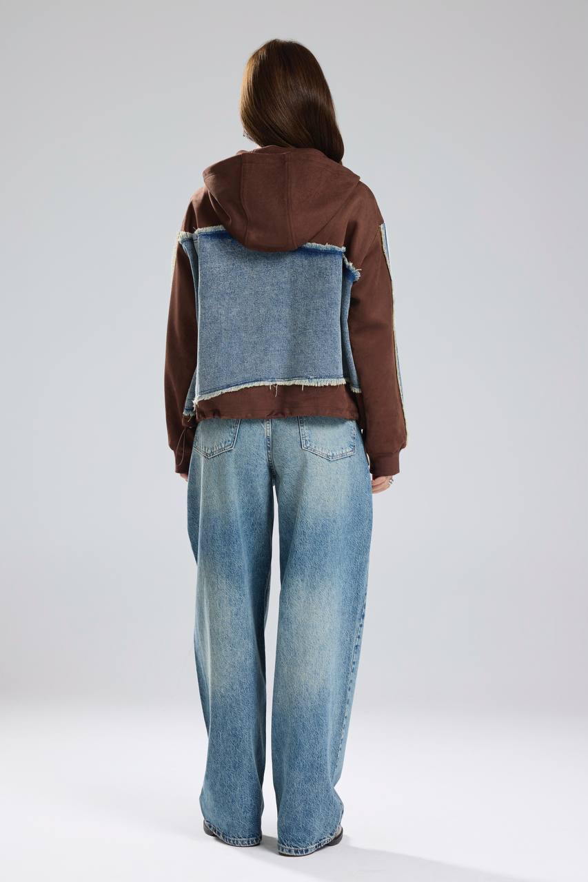 Kadın Süet ve Denim Garnili Şerit Detaylı Tasarım Ceket