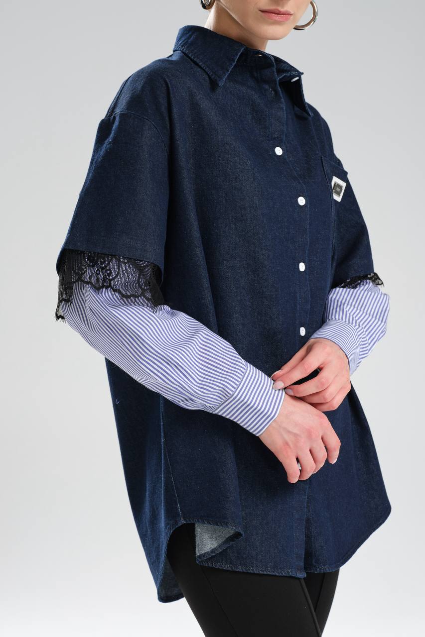 Kadın Denim Kolları Dantel ve Poplin Kumaş Detaylı Tasarım Gömlek