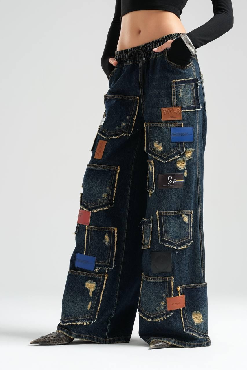 Wide Leg Jeans with Elastic Waist and Pocket Detail