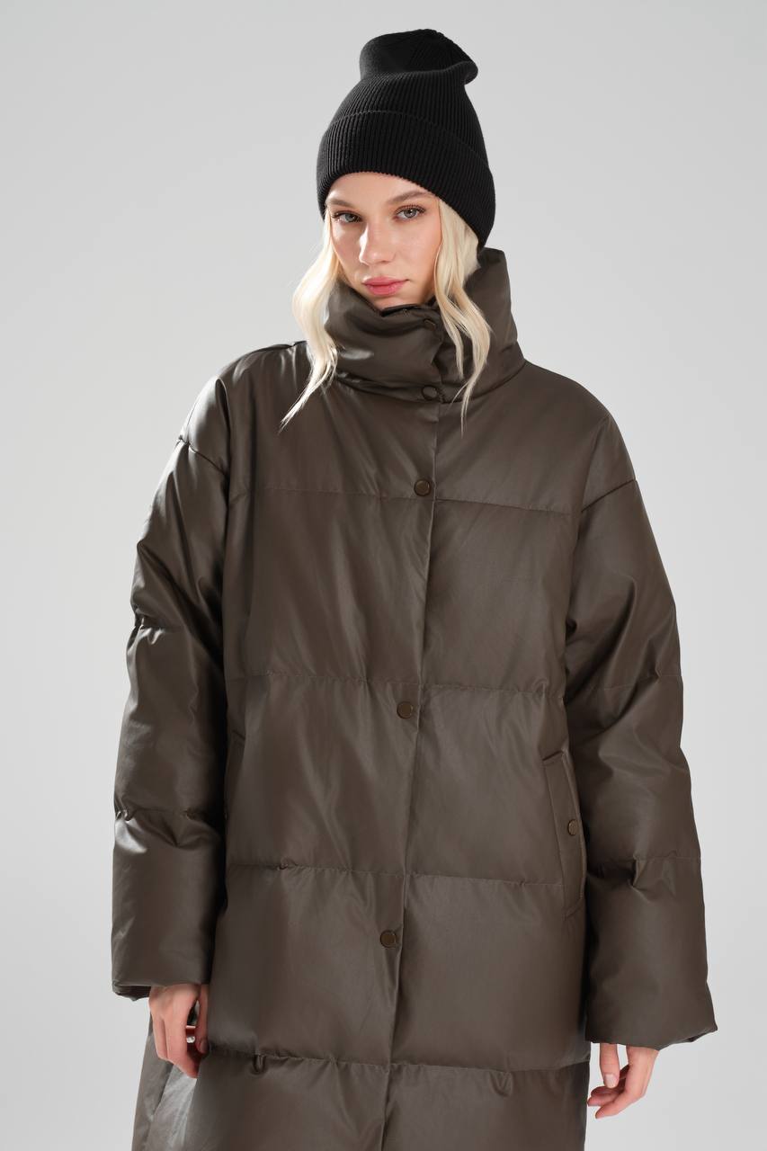 Kadın Suni Deri Kaz Tüyü Dolumlu Tasarım Uzun Mont