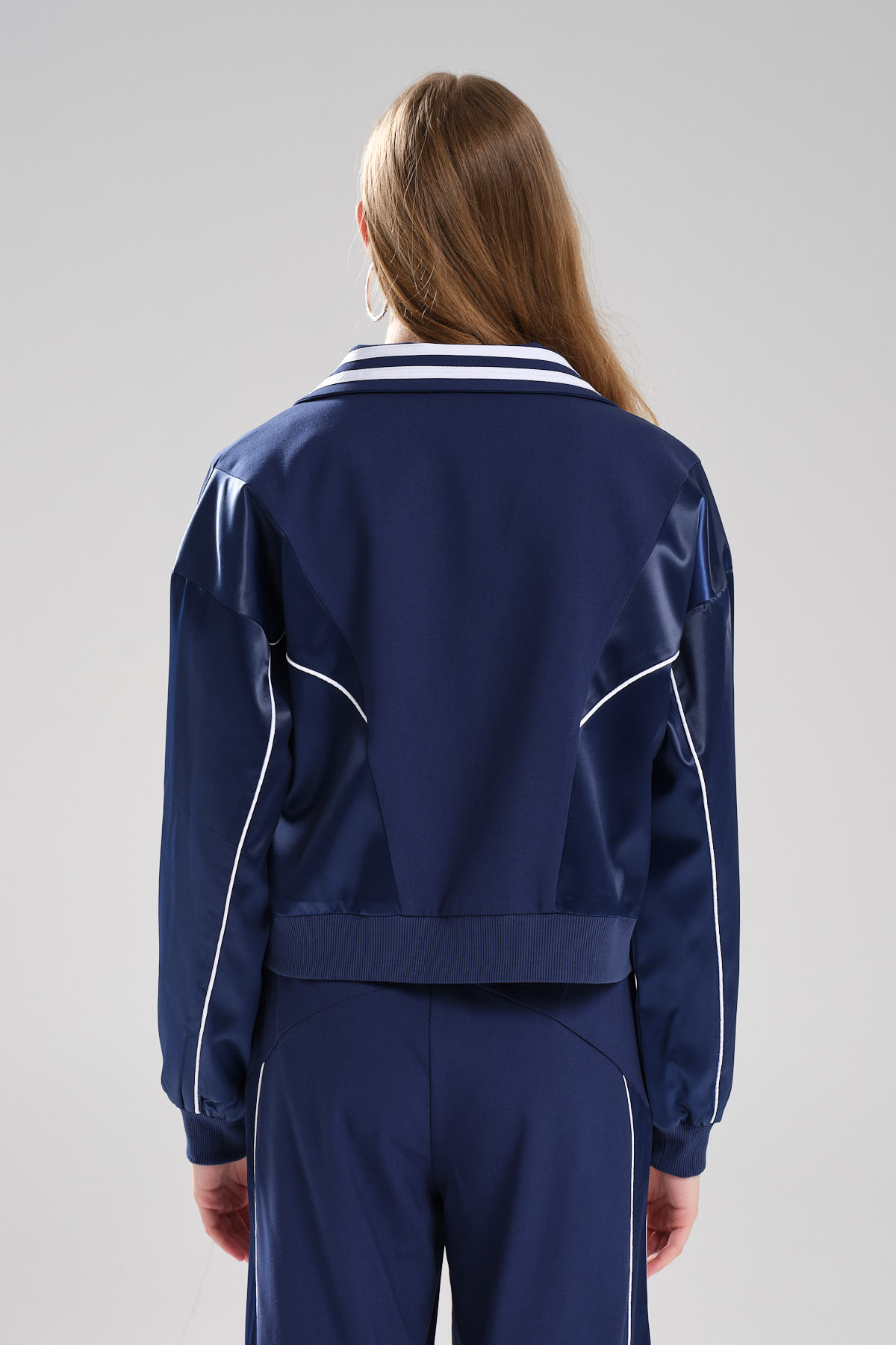 Kadın Şerit Detaylı Saten Kumaş Garnili Tasarım Blazer Ceket