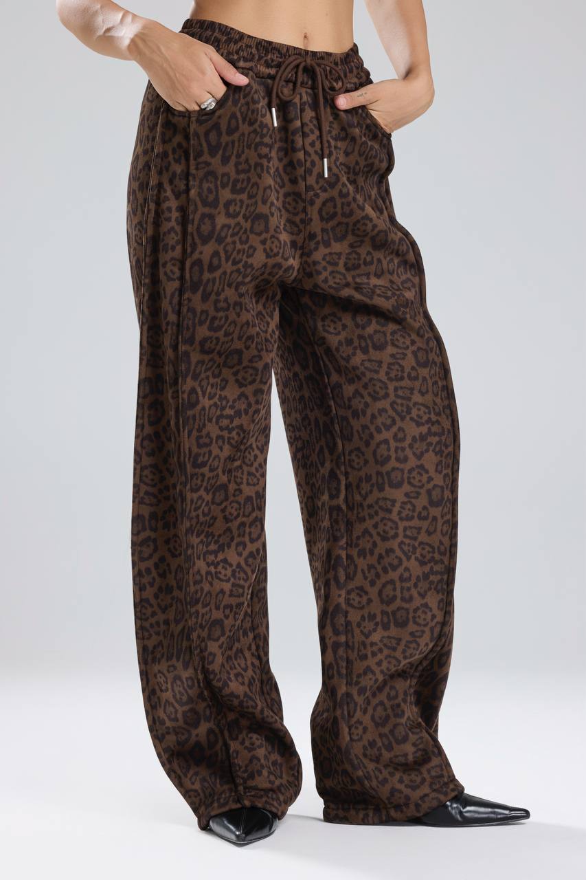 Kadın Leopar Süet Kumaş Beli Lastikli Tasarım Pantolon