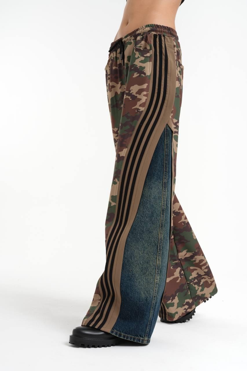 Camouflage Printed Denim Detailed Wide Leg Trousers