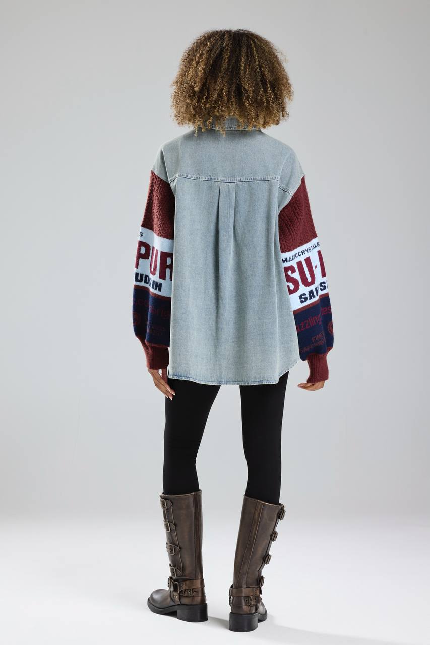 Kadın Kolları Triko Örgü Detaylı Denim Tasarım Gömlek Ceket