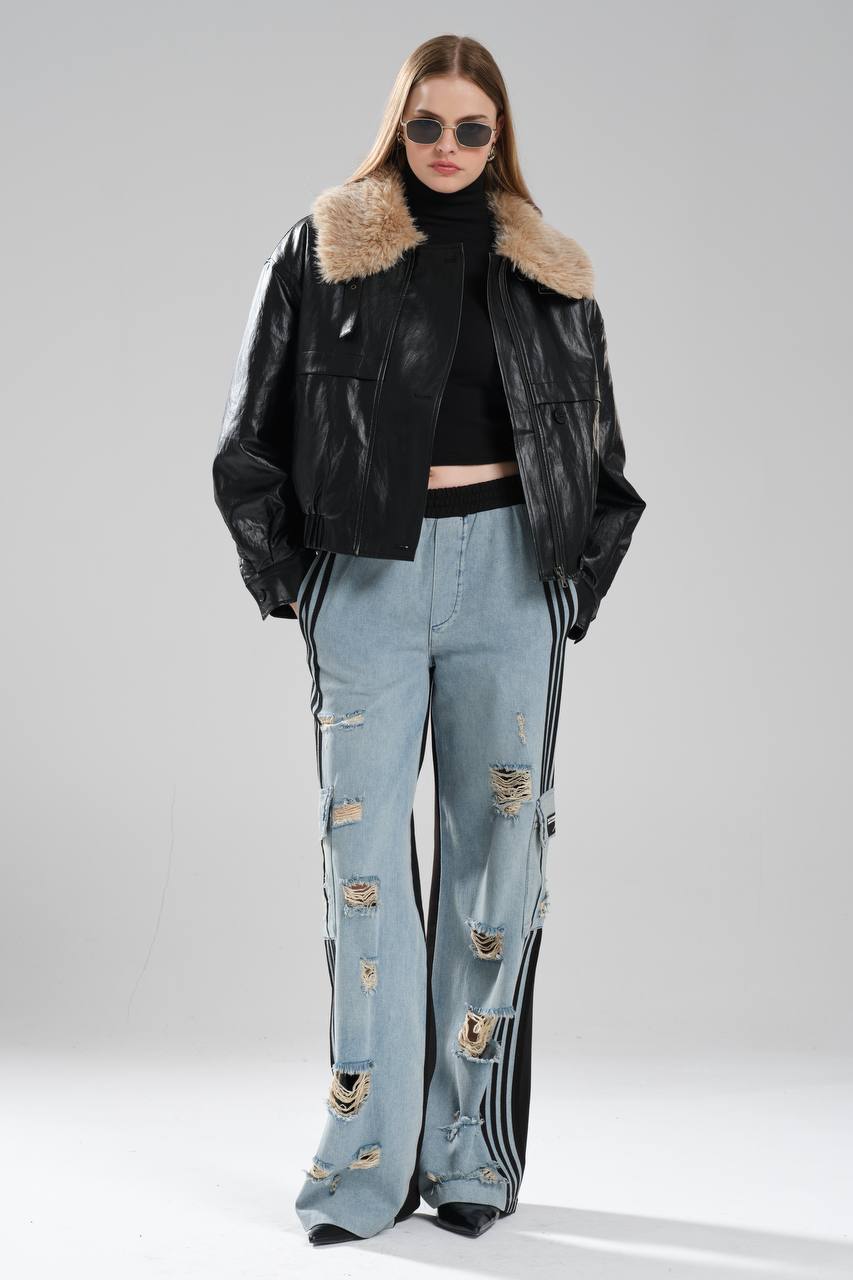 Kadın Deri Yakası Kürk Detaylı İçi Peluş Tasarım Ceket Mont
