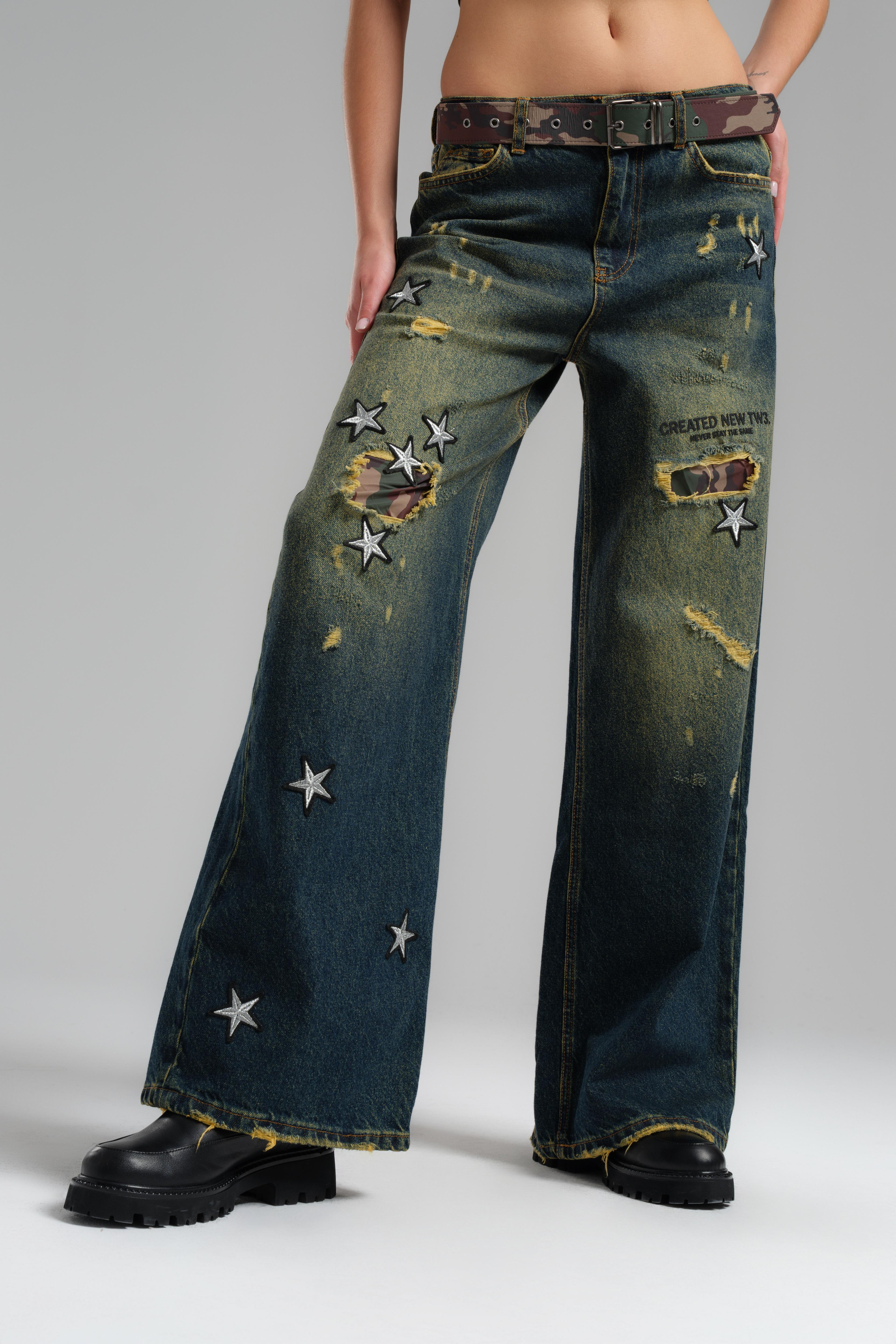 Camouflage Belt Wide Leg Trousers with Star Crest Detail