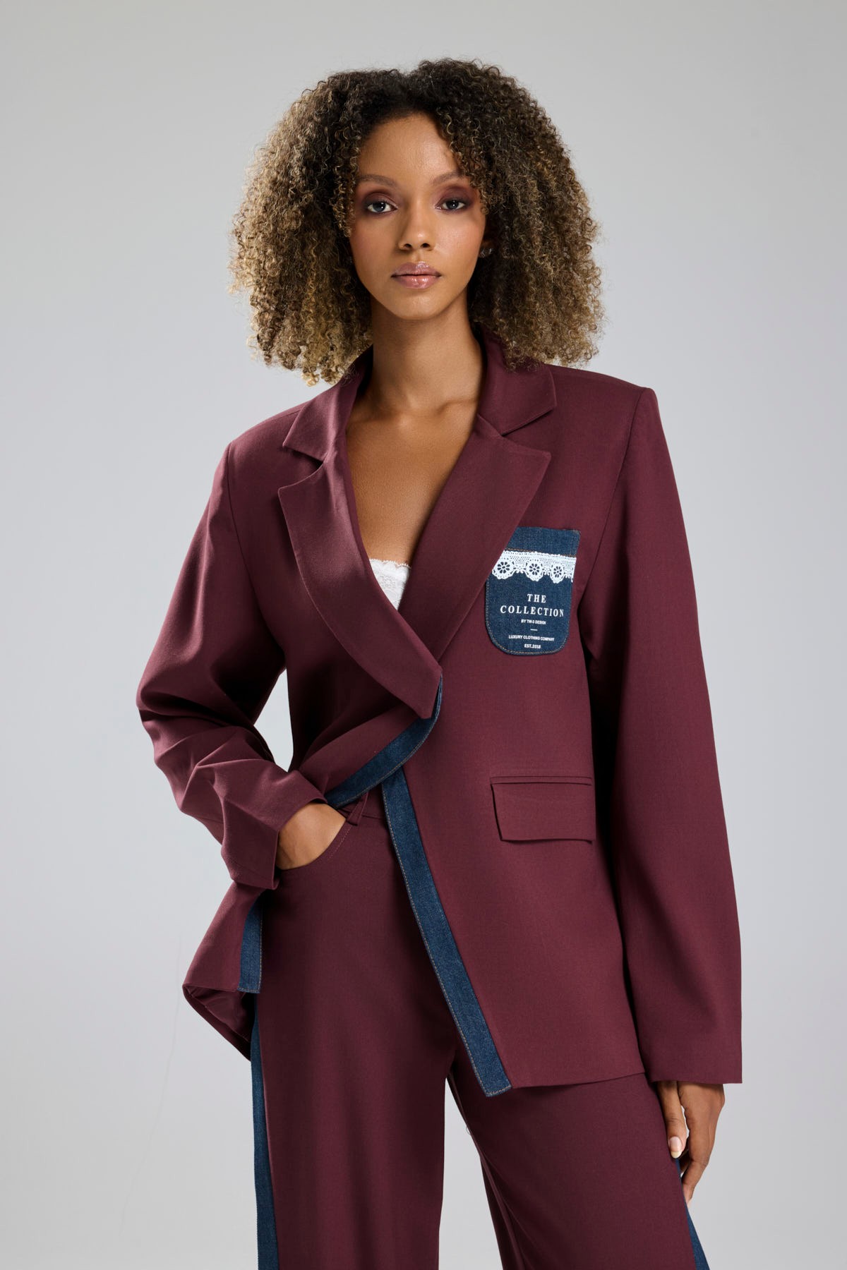 Kadın Denim Garnili Dantel Baskı Detaylı Blazer Ceket