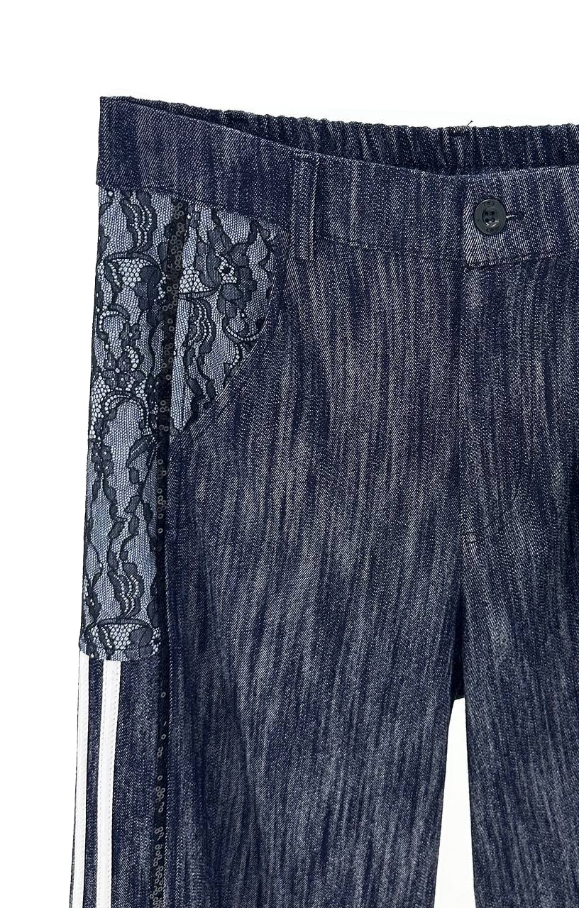 Kadın Denim Görünümlü Pullu Şeritli Tasarım Pantolon