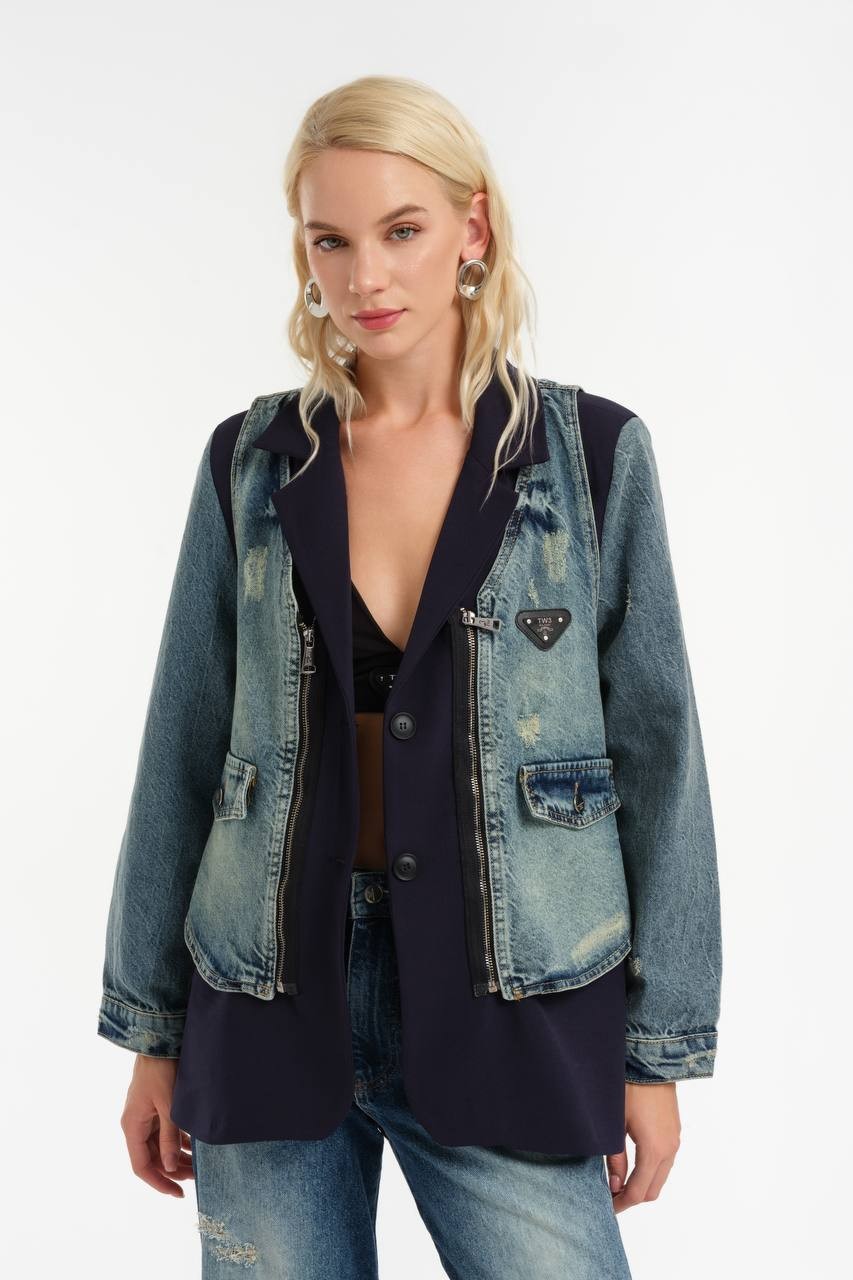 Blazer Jacket with Denim Garnish