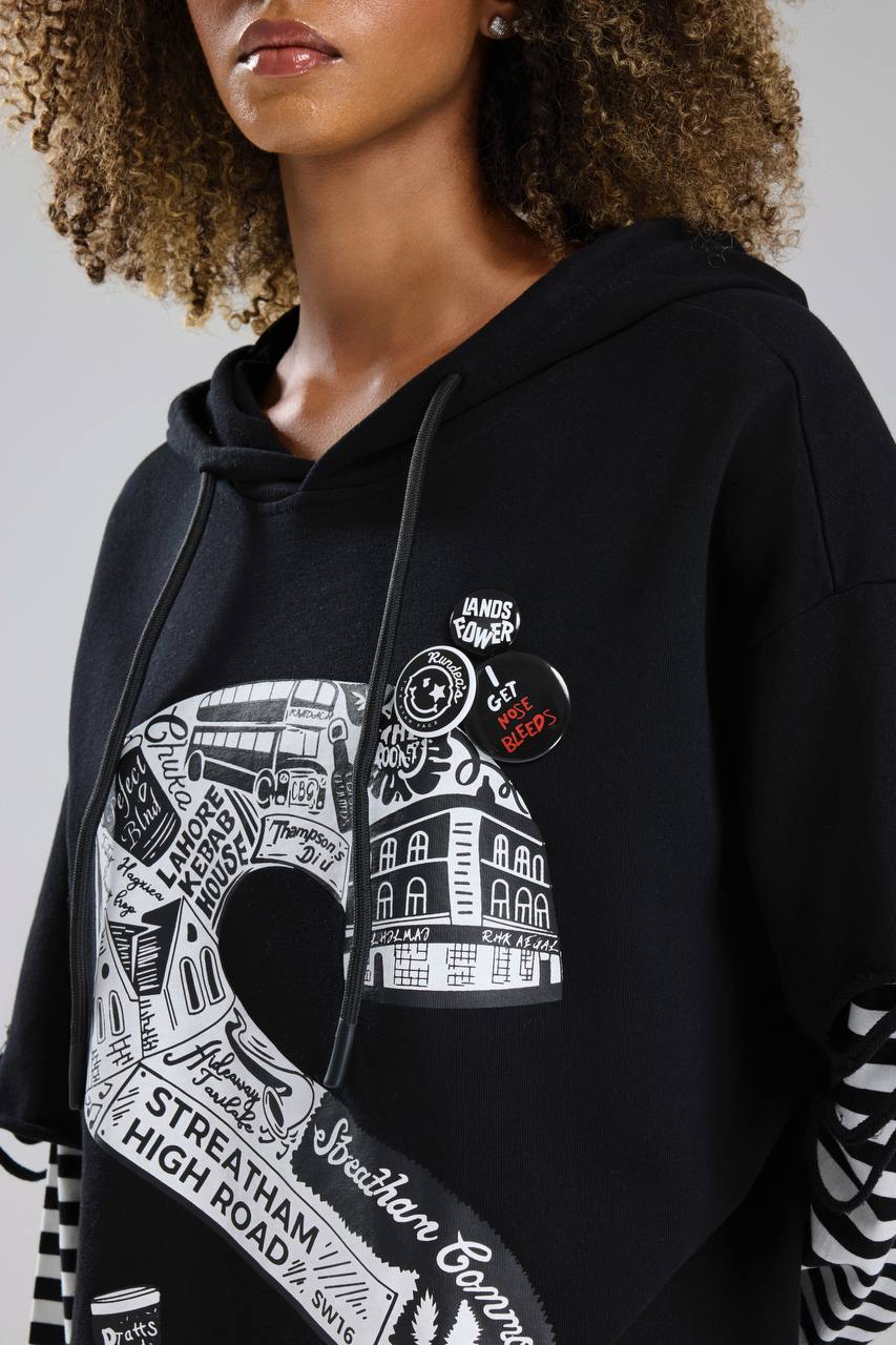 Kadın Rozet Detaylı Çizgili Kumaş Garnili Tasarım Sweatshirt