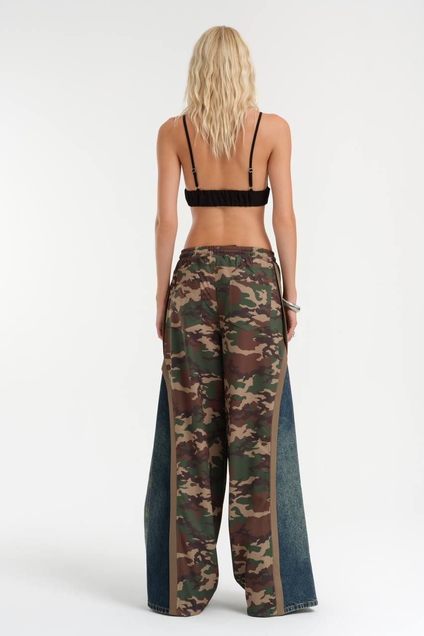 Camouflage Printed Denim Detailed Wide Leg Trousers