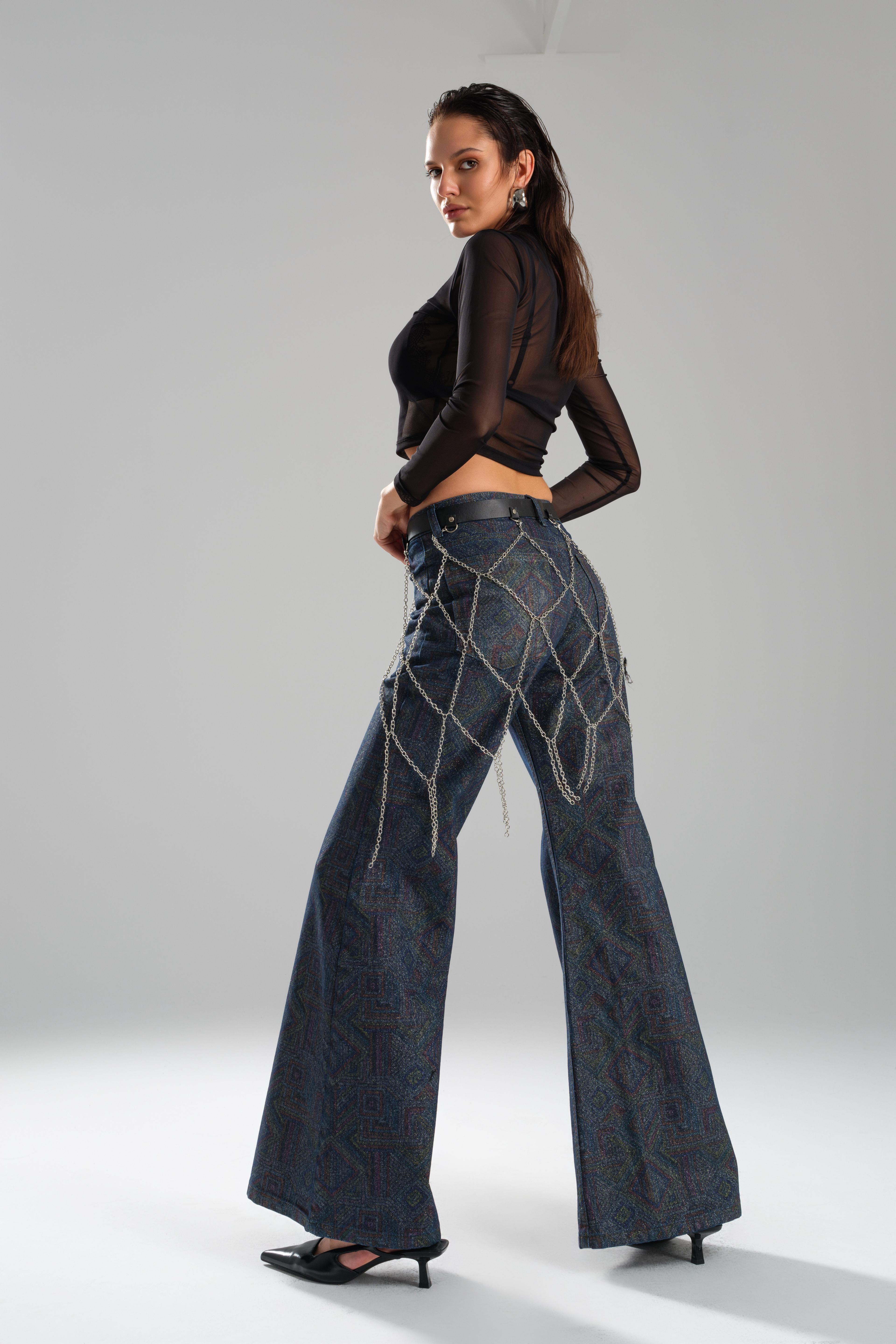 Glittery Printed Flared Jeans with Removable Belt