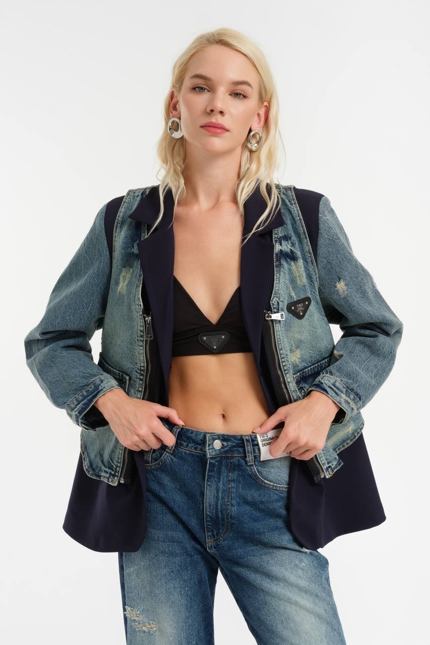 Blazer Jacket with Denim Garnish