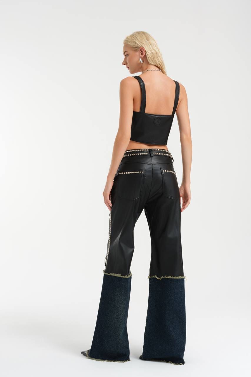 Denim Mixed, Flared Leg Leather Trousers