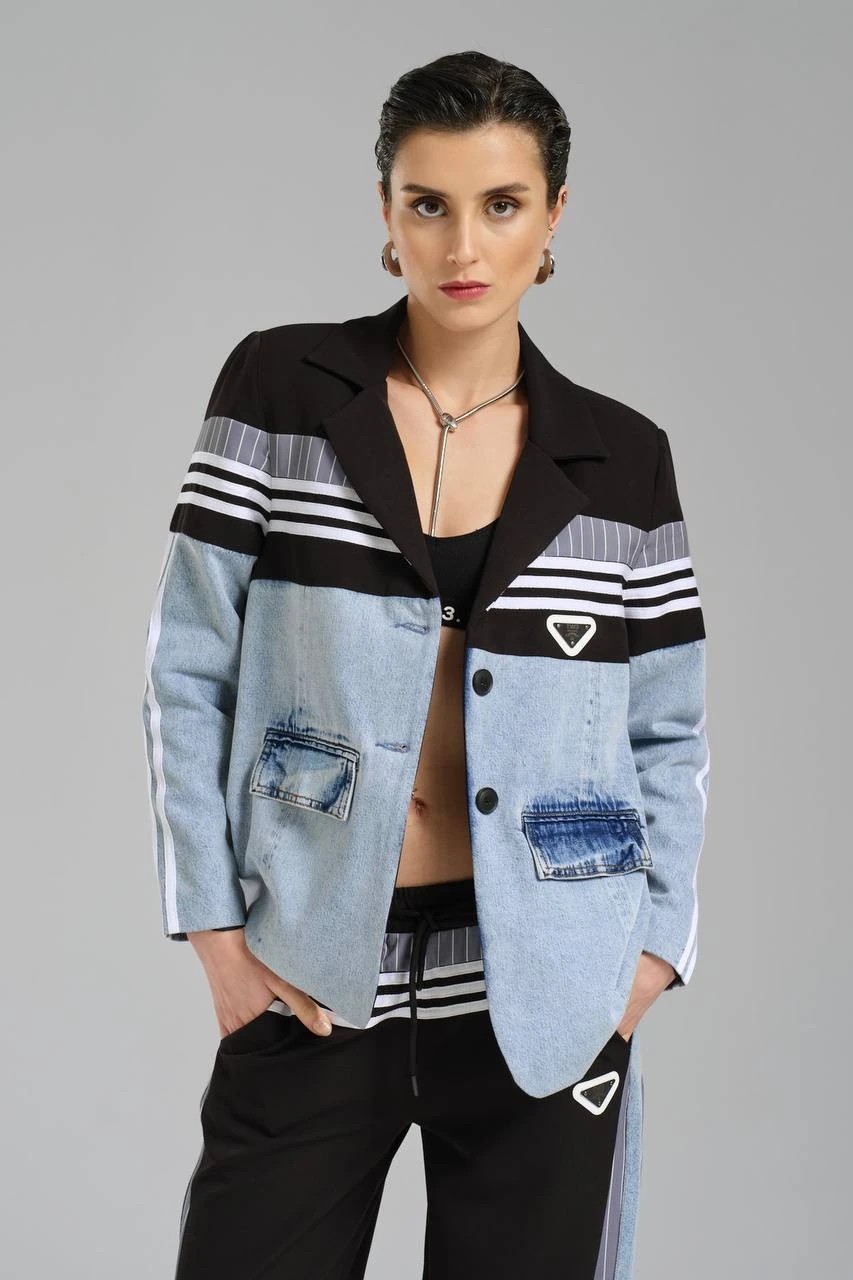 Kadın Şerit Detaylı ve Denim Garnili Tasarım Blazer Ceket & Palazzo Pantolon Kombini