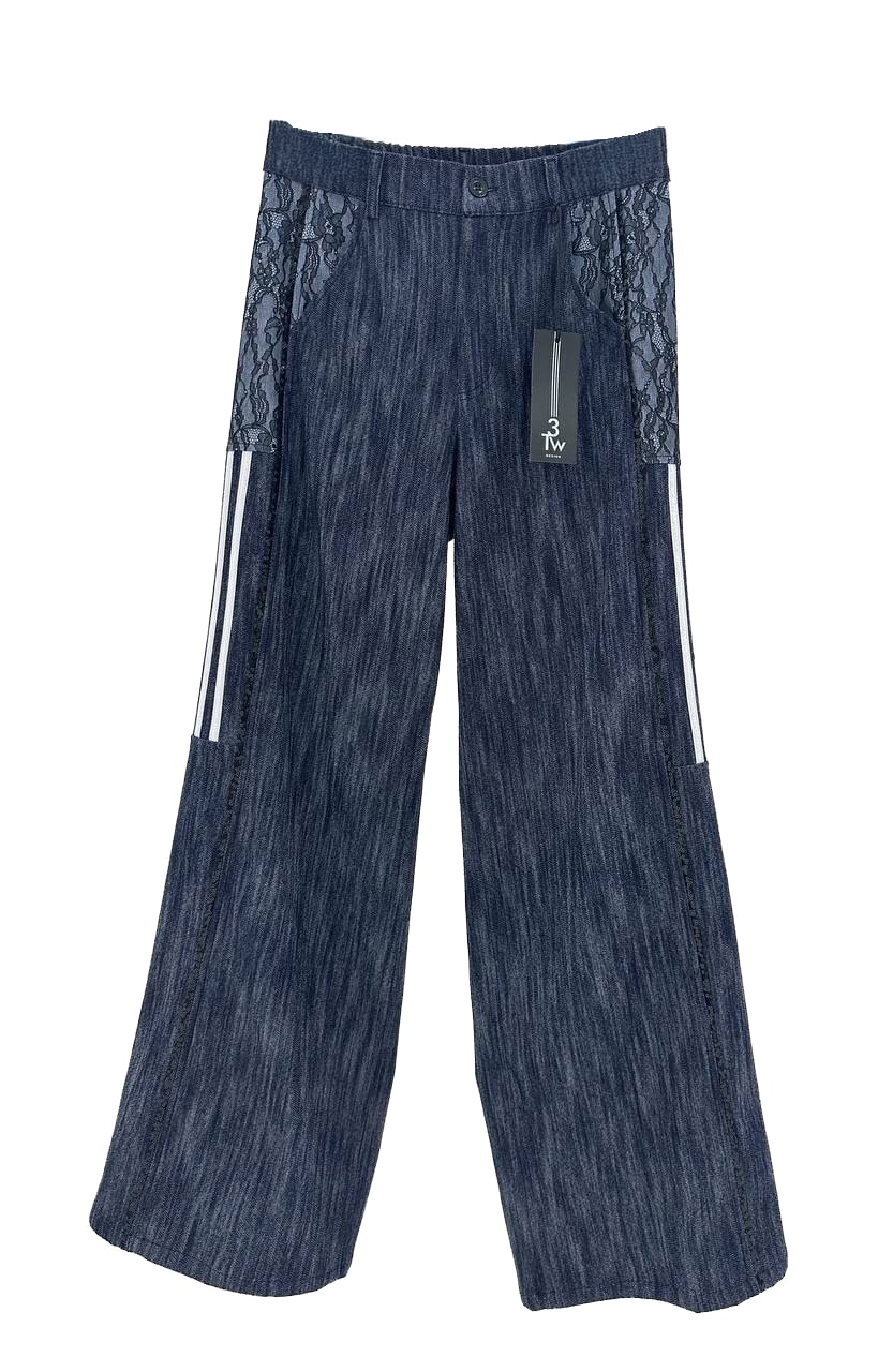 Kadın Denim Görünümlü Pullu Şeritli Tasarım Pantolon